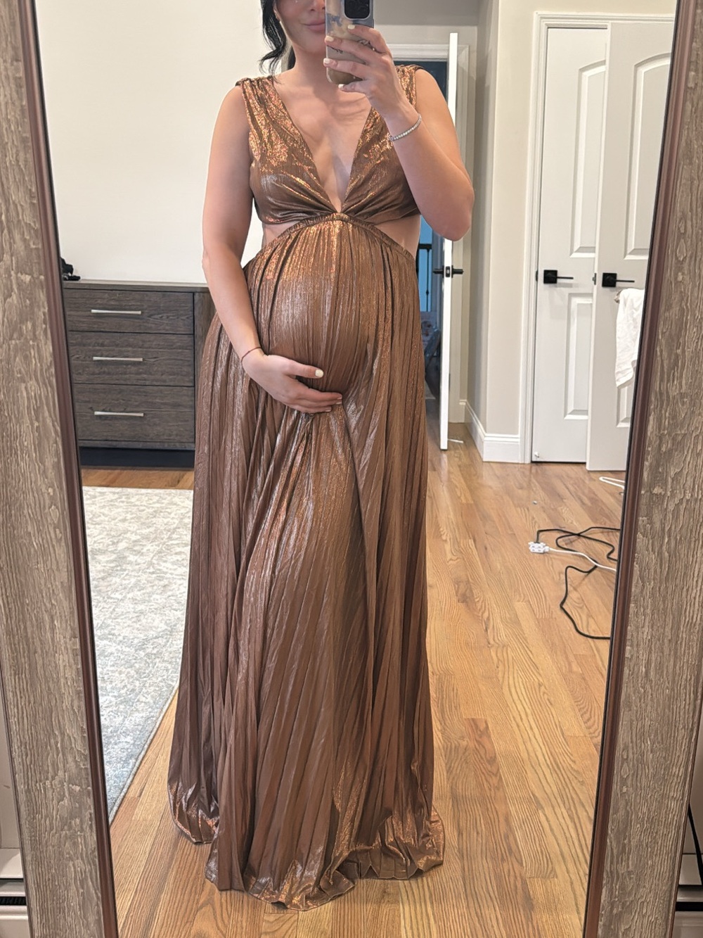 Lulu's Metallic Bronze Pleated Maxi Dress